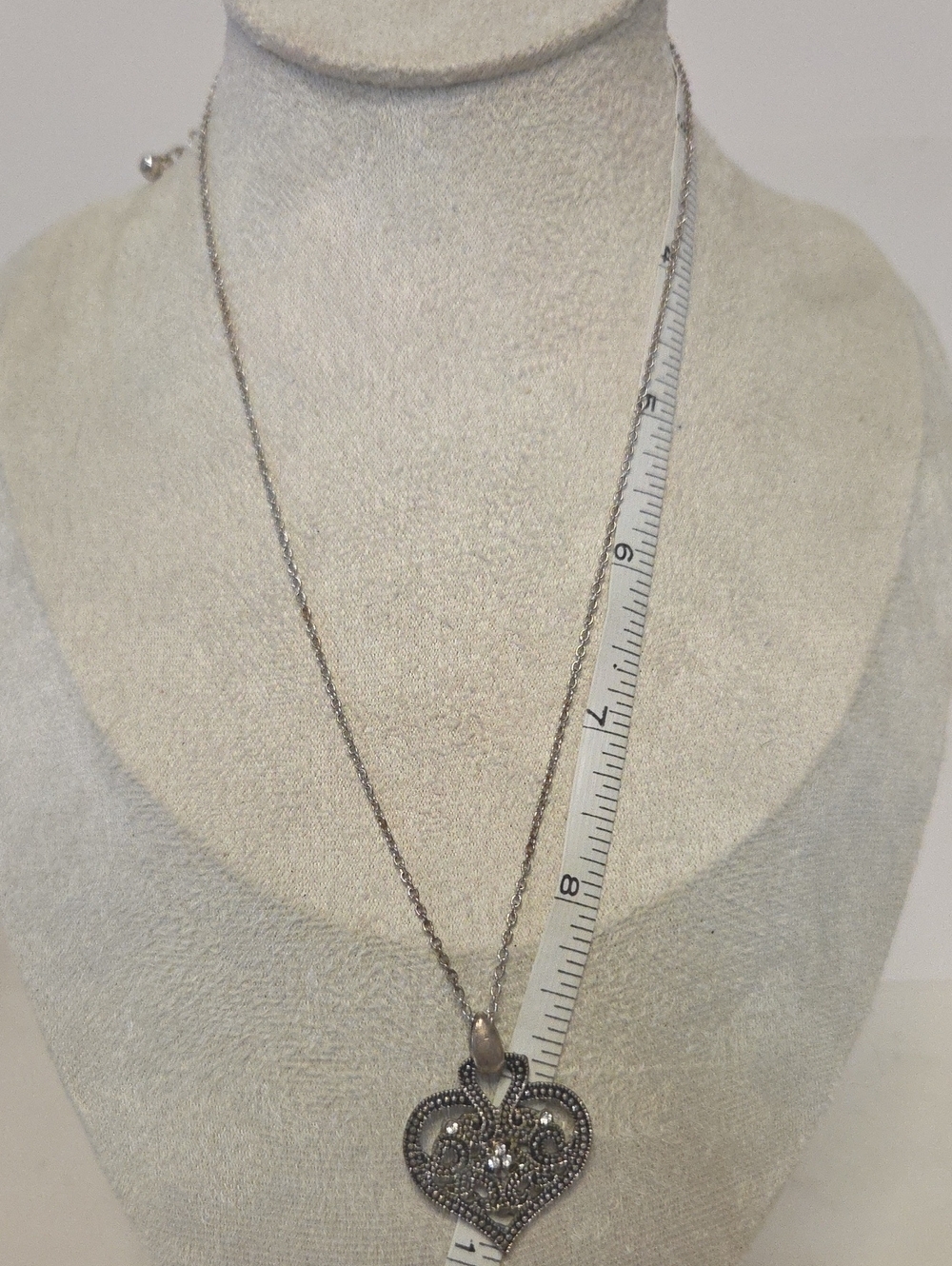 Vintage Marcasite Open Filigree Heart Charm Necklace Silver Tone